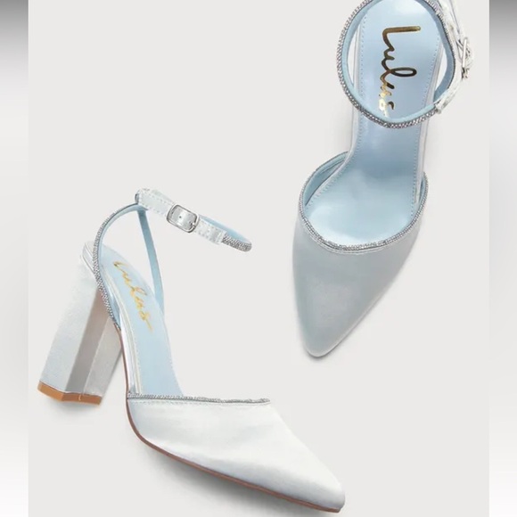 Lulus Chakay Sky Blue Satin Rhinestone Pointed-Toe Ankle-Strap Heels 8.5 new - Picture 3 of 10